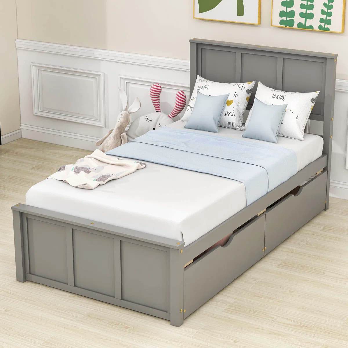 Twin Size 2 Drawers Wooden Platform Bed with Headboard (similar) (Box 1 for 2 only) 