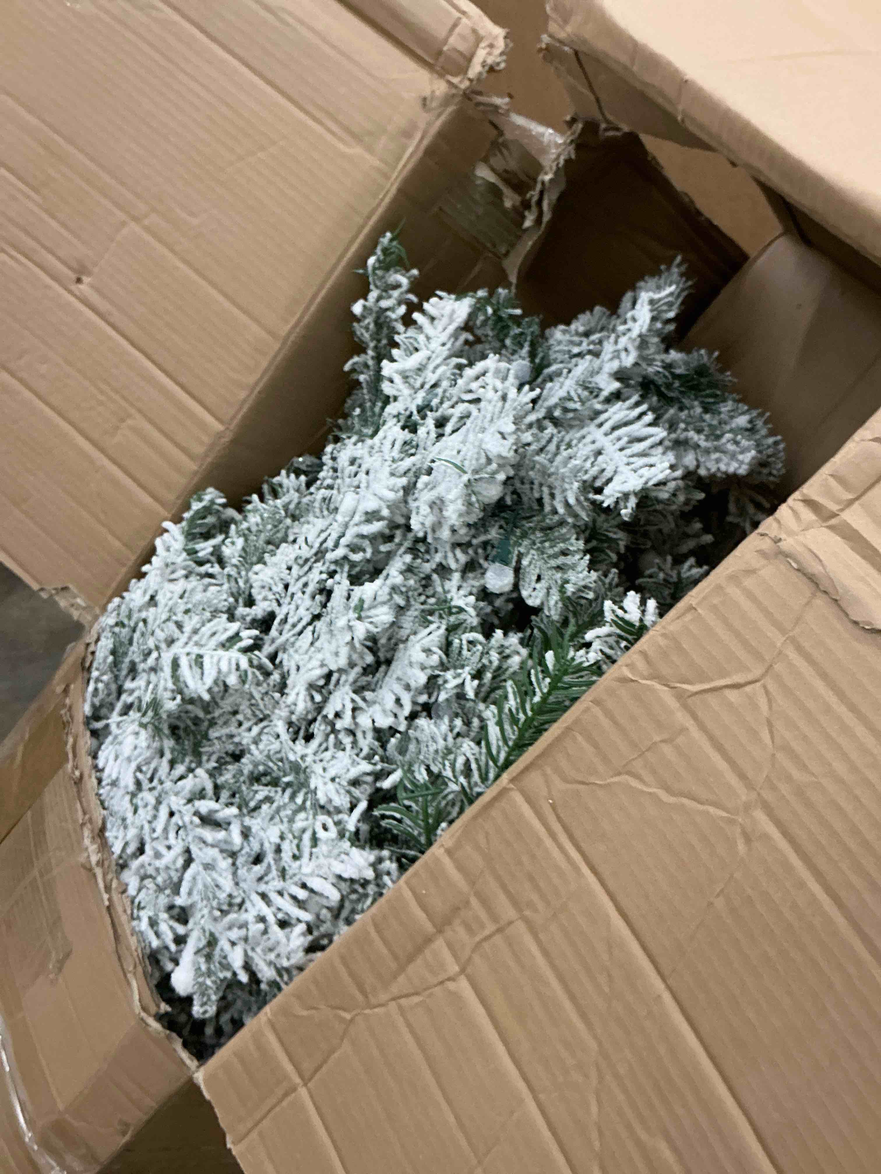 Condition photo showing As Is for pre-lit flocked pencil spruce artificial christmas tree with 350 warm white lights