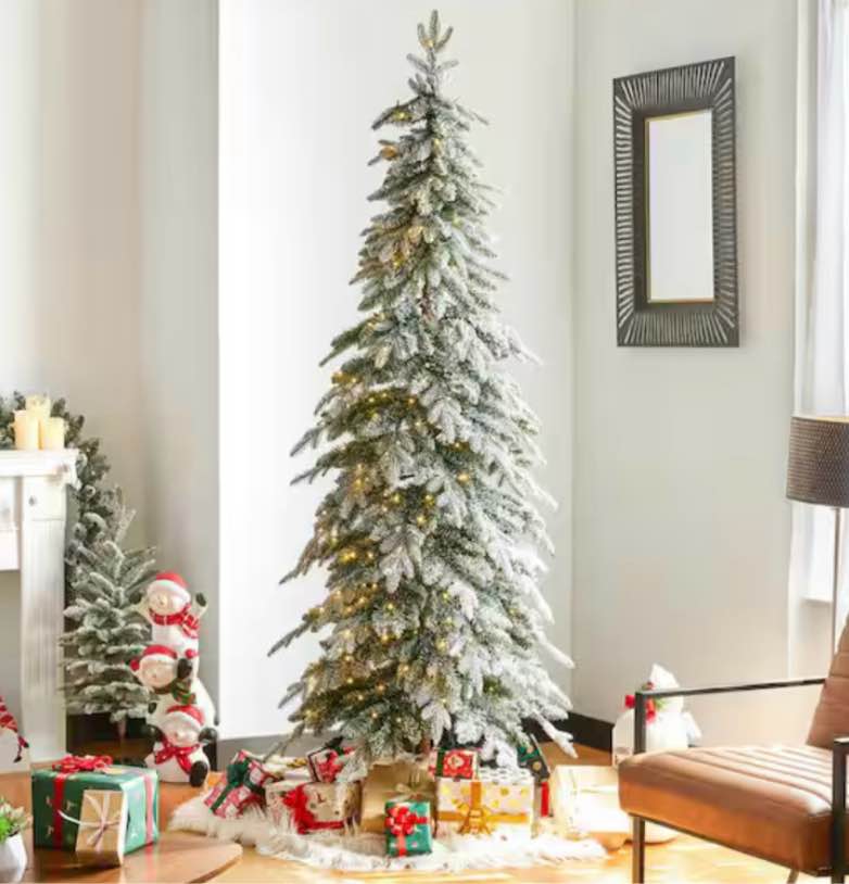 pre-lit flocked pencil spruce artificial christmas tree with 350 warm white lights