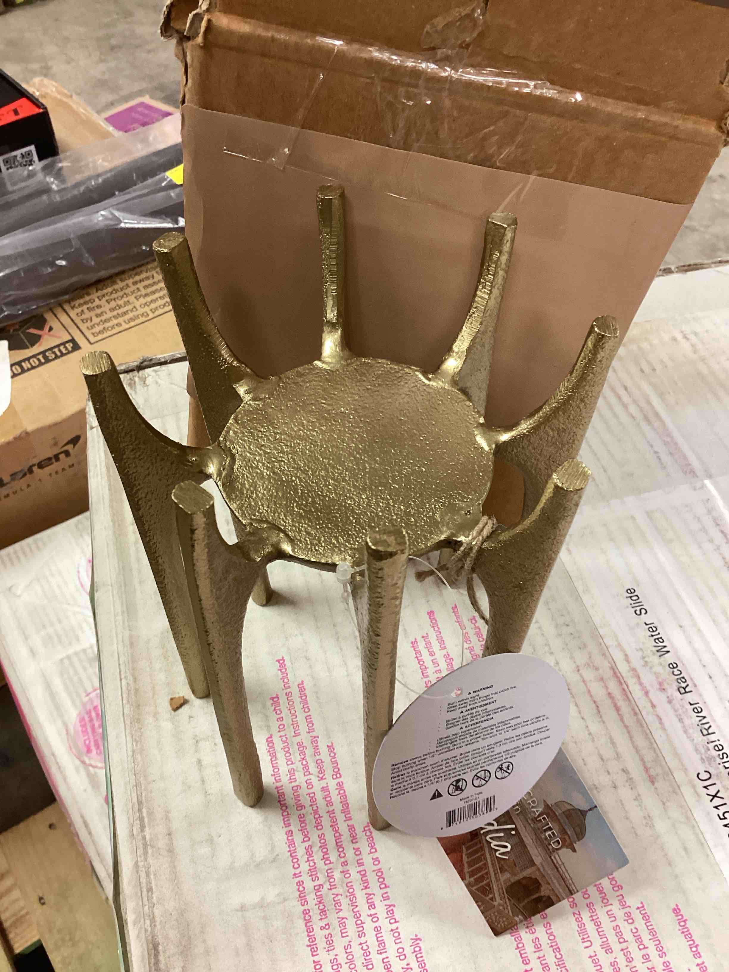 Condition photo showing New/Like New for decorative sculptural metal candle holder for home decor - modern pillar candlestick holder for shelf accent office or living room decor - sylish centerpieces for table accent - 6 gold & metallic