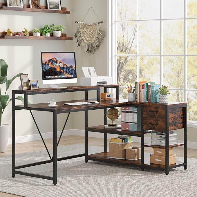 tribesigns reversible l shaped desk with drawer, brown corner desk with storage shelves and monitor stand, writing table for for small space (rustic) (incomplete one box of two only)