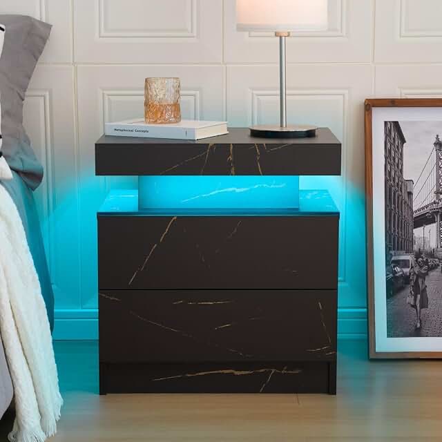 i-aplus LED Nightstand LED Bedside Table with 2 Drawers, Wooden Cabinet Unit with LED Lights for Bedroom, End Table Side Table for Bedroom Living Room