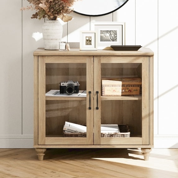 WAMAPT Sideboard Buffet Cabinets with Glass Door, Kitchen Storage Cabinets, Wood Coffee Bar Tables with Adjustable Shelf, Accent Sideboard Storage Cabinet Table Dining Room, Living Room, Oak