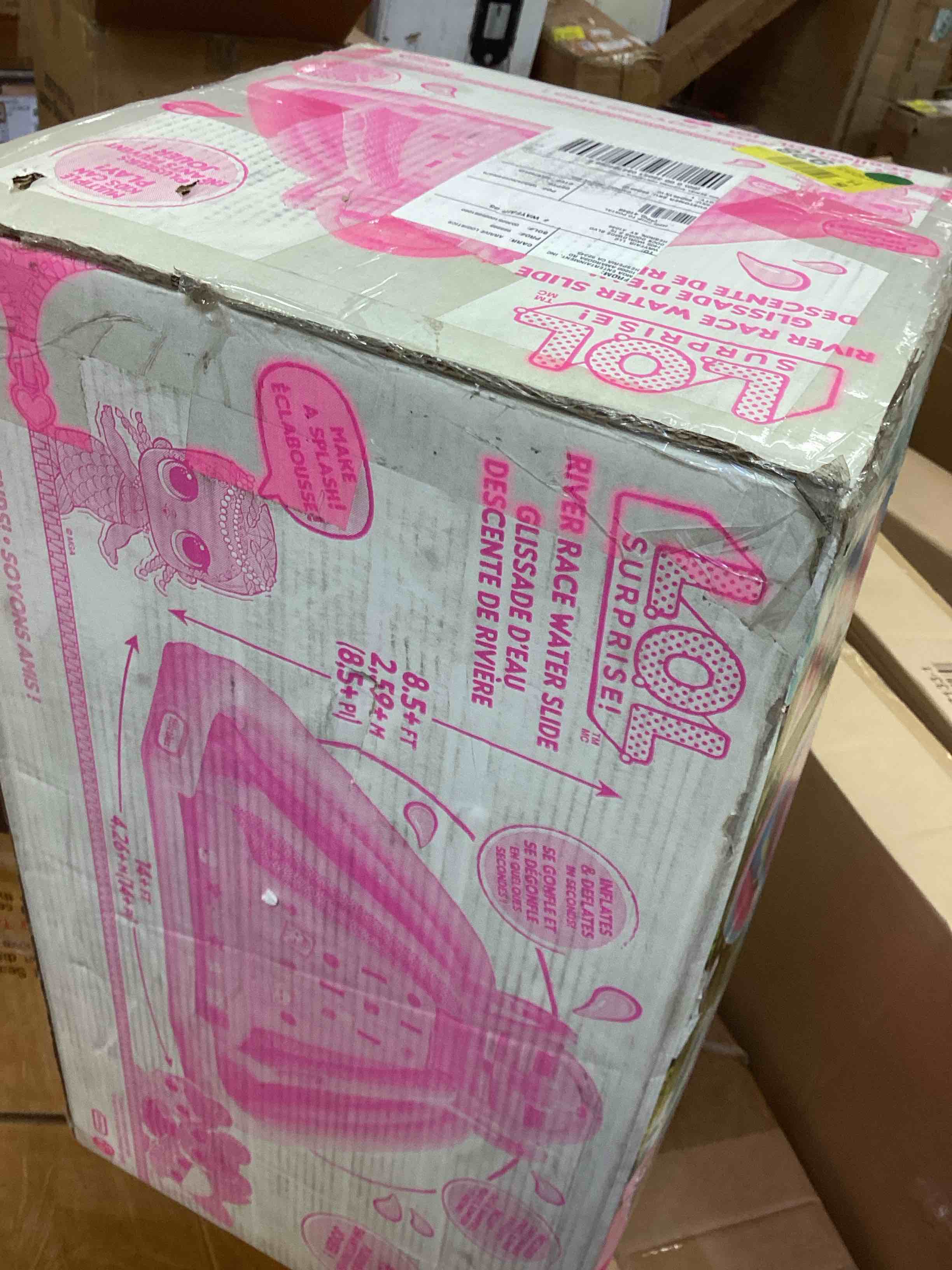 Condition photo showing New/Like New for lol surprise pink river race inflatable water park  2 slides  climbing wall & blower  outdoor toy  ages 4 and up