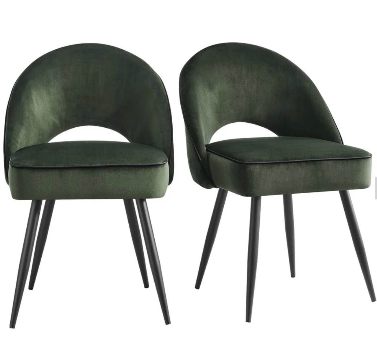 Oakley Set of 2 Dark Green Velvet Upholstered Dining Chairs with Contrast Piping (similar)