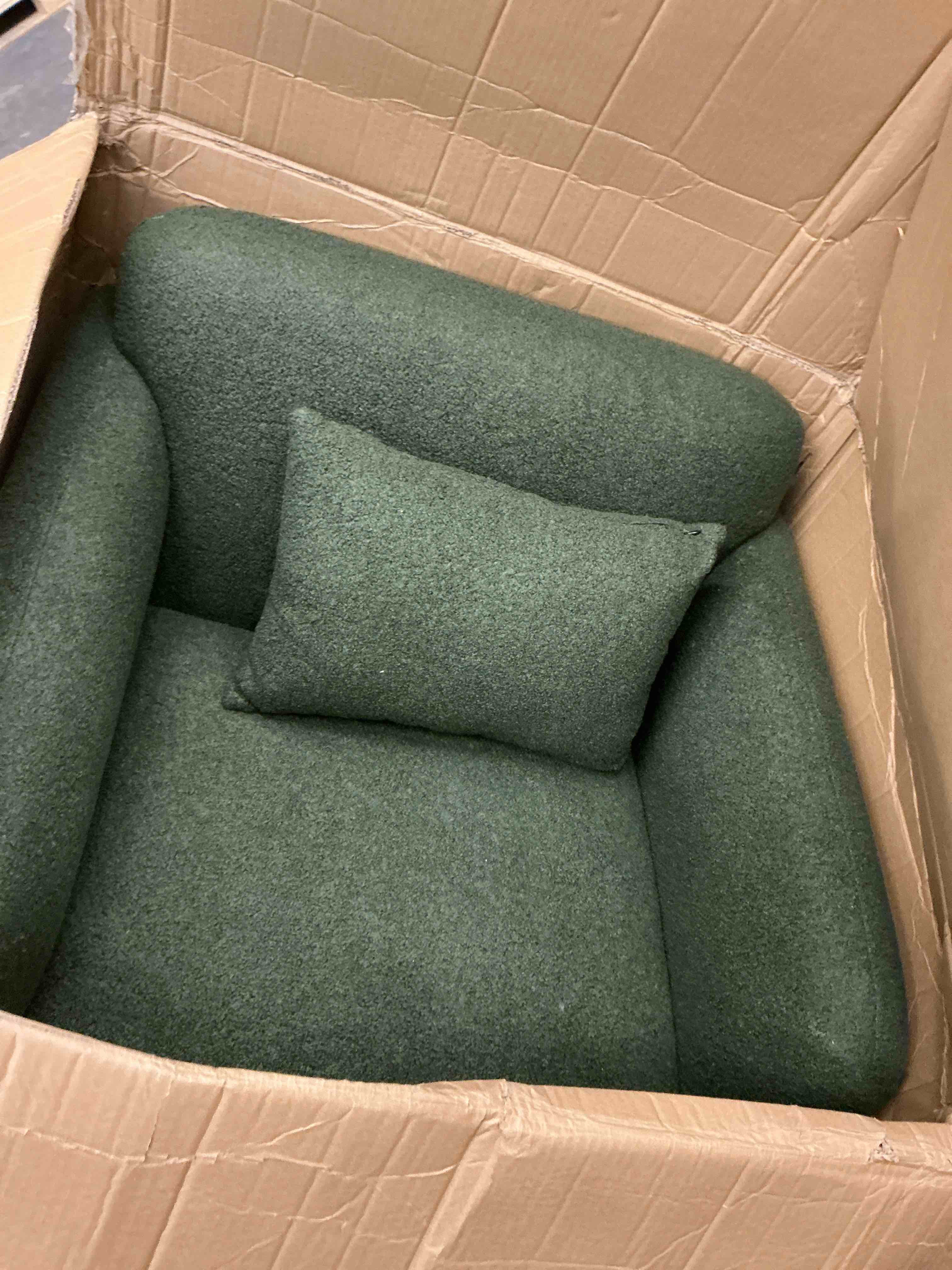 Condition photo showing Good Condition for kinwell 34" wide boucle swivel barrel chair, no assembly round upholstered armchair accent chair single sofa chair with toss pillow for living room and bedroom, green (similar)