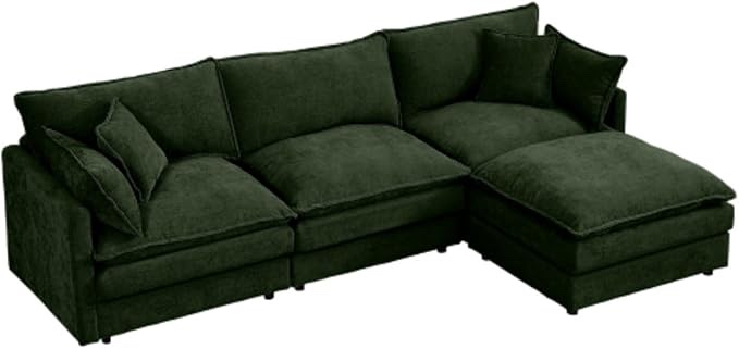 modular sectional sofa, 102 inch l shaped couch set for living room, 3-seater comfy cloud couches with movable ottoman, diy combination, chenille, green (only 1pc) 