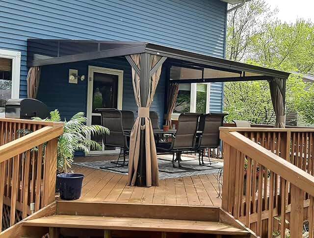 Domi 12'x 14' Lean to Gazebo with Aluminum Frame, Wall Mounted Gazebo Hardtop Galvanized Steel Sloping Roof with Curtains and Netting for Patio Deck Backyard Lawn Party (incomplete one box of two only)