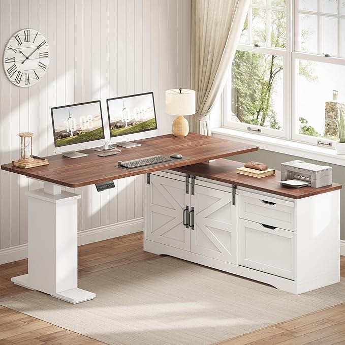 sedeta farmhouse l shaped standing desk, 55 inch height adjustable corner desk with storage drawers, standing computer desks with power outlets for home office, white (incomplete one box only)