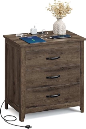 vasagle liry collection - farmhouse nightstand with charging station, bedside table, side end table with 3 drawers, for bedroom, taupe brown