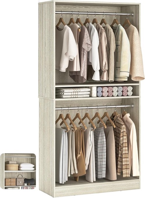 unikito 3ft freestanding closet system with 2 hanging rods & adjustable shelve, 36'' wood closet organizer system, clothes garment rack, sturdy walk-in closet wardrobe tower, easy assembly, white oak