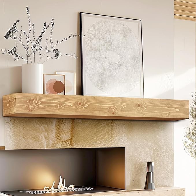 72” fireplace mantel, 5" thick handmade hollow solid wood wall long floating shelf with invisible wood brackets, wood color