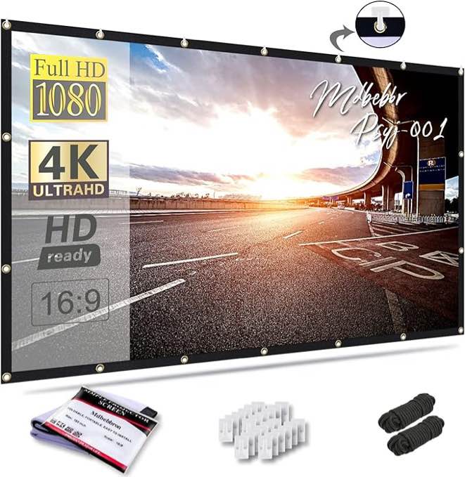 mdbebbron 150 inch projection screen 16:9 foldable anti-crease portable projector movies screen for office home theater indoor outdoor support double sided projection