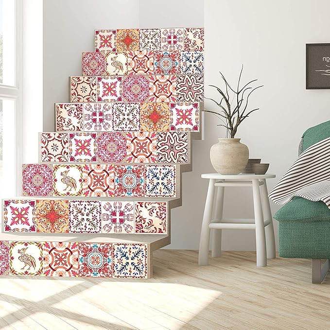 WALPLUS 24pcs 6" Peel and Stick Vinyl Backsplash Tiles Stickers Tile Paint Removable Waterproof Self-Adhesive Decals Vinyl Home Kitchen Bathroom Spring Easter Decoration (Moroccan Rose Red) *(5 packs)