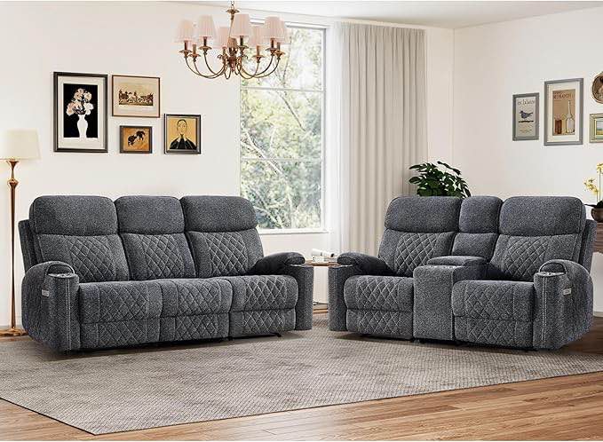 haomarkets 2-piece power recliner sofa set with charging port, include 2-seater loveseat reclining couch with hidden storage and cup holders and 3-seater recliner couch for living room, dark grey