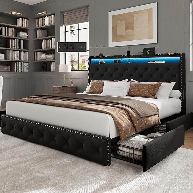 larmace king size bed frame with 4 storage drawers velvet upholstered tufted bed frame king platform with led lights&usb type-c charging station,heavy duty/no box spring needed, easy assembly,black (incomplete one box only)