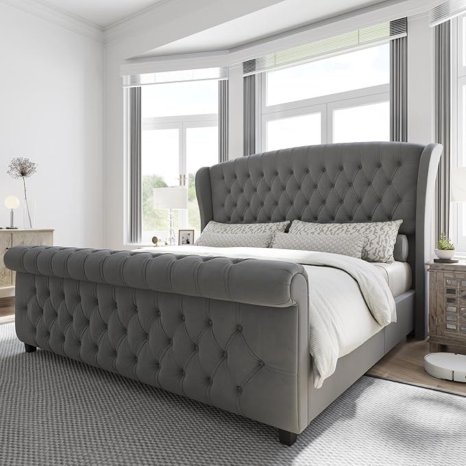 queen size platform bed frame, velvet upholstered sleigh bed with scroll wingback headboard & footboard/button tufted/no box spring required/grey (incomplete one box only)