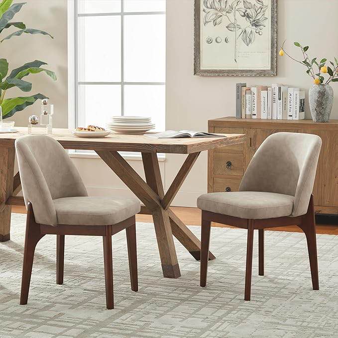 vknow modern dining chairs set of 2, faux leather kitchen chairs with wood legs, upholstered side chair for kitchen dining room, taup