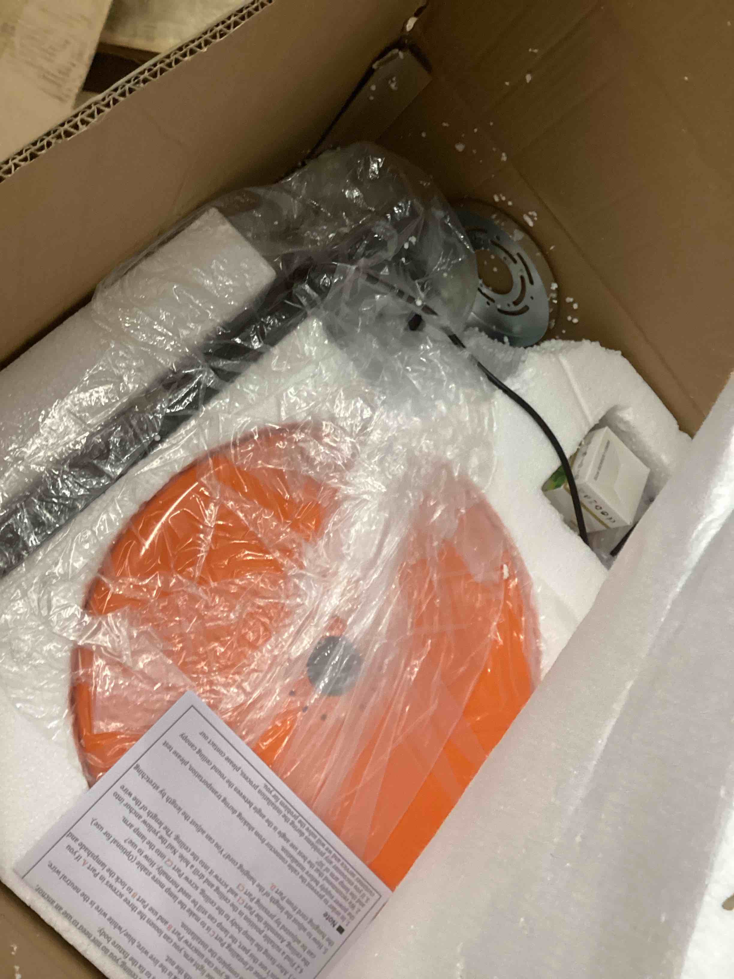 Condition photo showing Good Condition for Meefad Adjustable Hanging Light Fixtures, Modern Swing Arm Pendant Light, 1 Light Long Arm Chandelier for Dining Room Kitchen Island Orange Finish