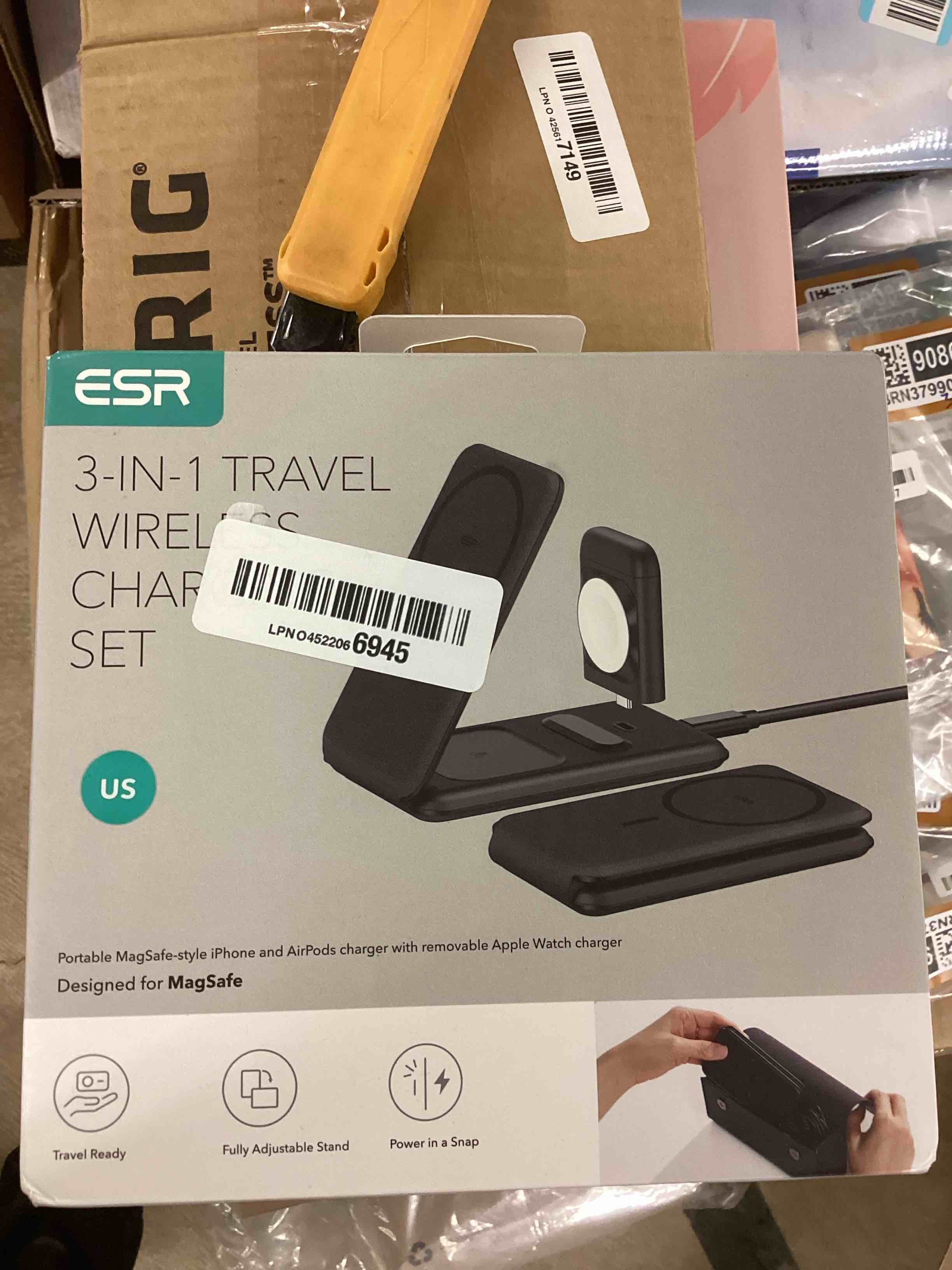 Condition photo showing New/Like New for ESR for 3 in 1 Magsafe Charger, Travel Charger Stand Made for Apple Watch Certified, Foldable Charging Station Compatible with Magsafe and iPhone 17/16/15/14/13/12, AirPods 4/3/Pro, Black 7.5w with Bag Black