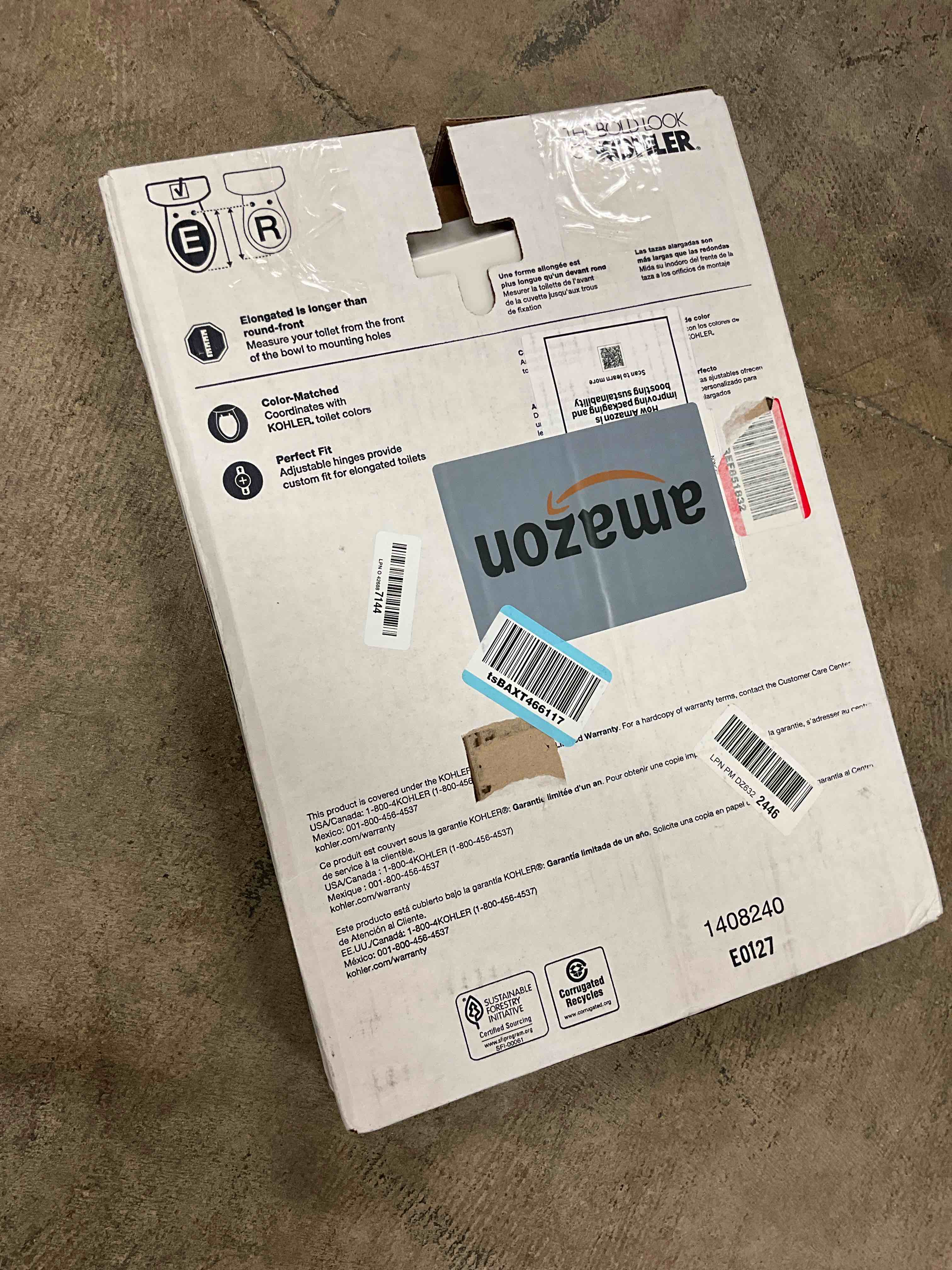 Condition photo showing New/Like New for KOHLER 4636-RL-0 Cachet ReadyLatch Elongated Toilet Seat Slow Close, Soft Close Toilet Seat Quiet Lid, Contoured Grip-Tight Bumpers Installation Hardware, Apartment Essentials, White White Elongated Ready Latch