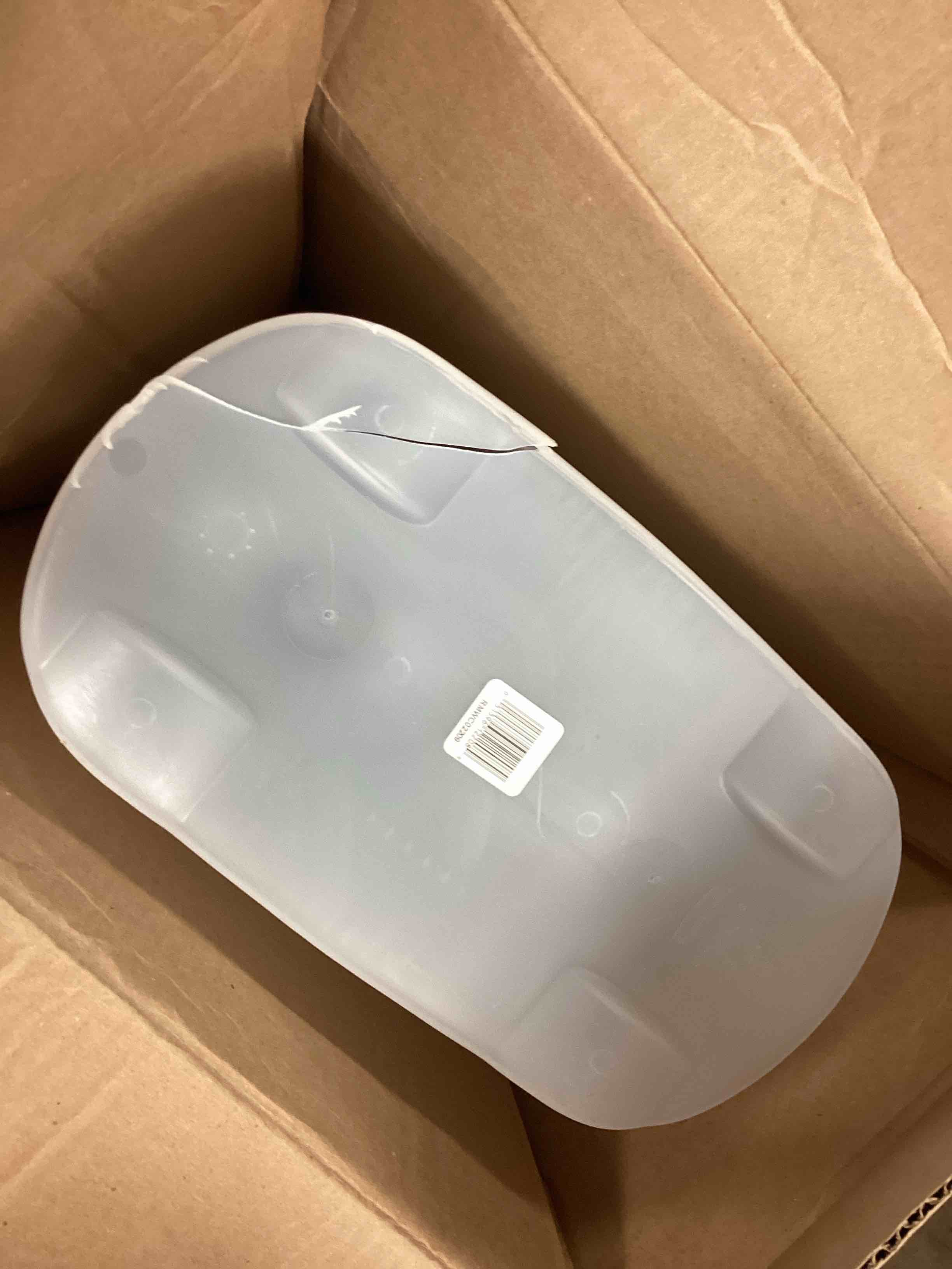 Condition photo showing As Is for Rubbermaid Wrap N' Craft Plastic Wrapping Paper Organizer Storage Container with Top Ornament Storage Compartment for 20 Standard 30 Inch Rolls, Clear