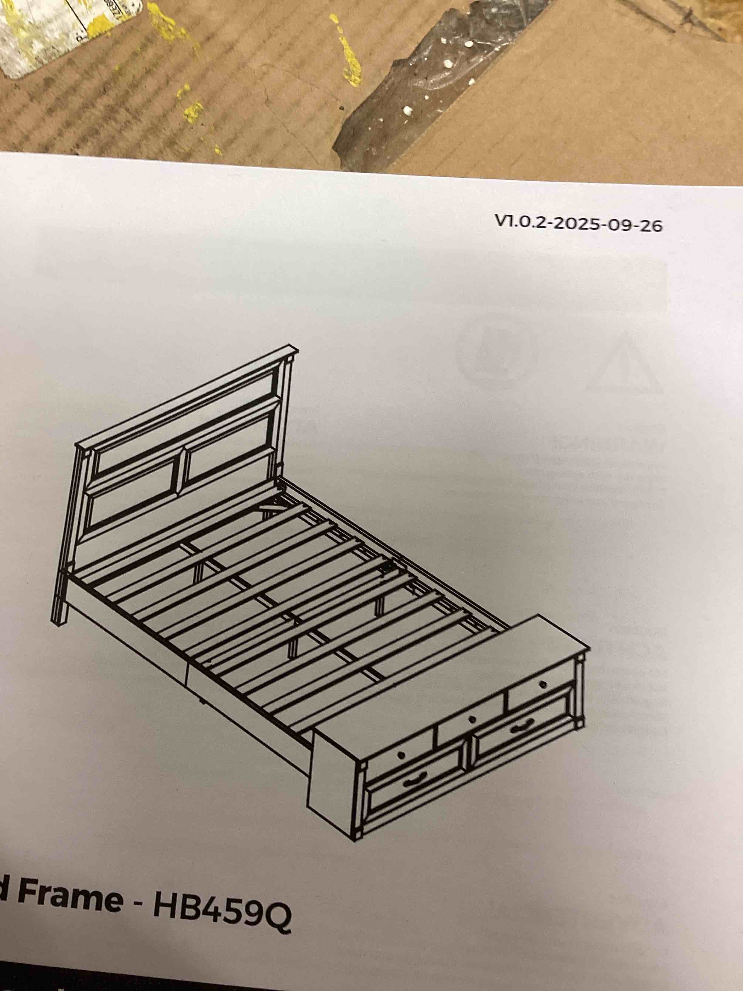 Condition photo showing As Is for Farmhouse Queen Bed with Headboard and Storage Bench, Rustic Wood Platform Bed with 64" Storage Chest w/ 3 small Drawers/ 2 Large Drawer (Antique White) (similar photo) 