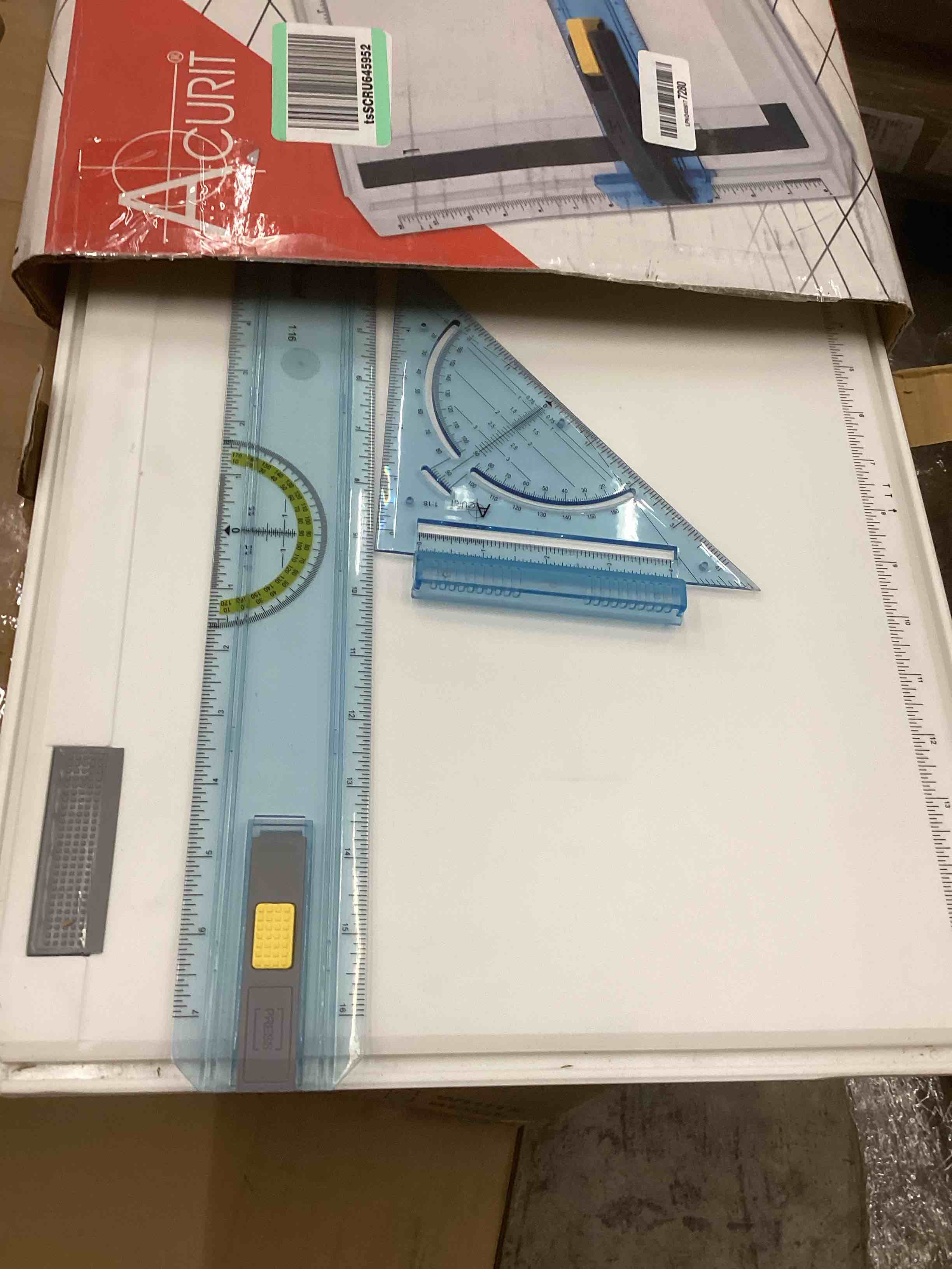 Condition photo showing As Is for Acurit Technical Drawing Board - Portable Drafting Table with Multi-Tool Kit, Break-Resistant Plastic, Straight-Edge Lock Mechanism, Transparent Ruler, Protractor, Clamping Rail - 14.5"x19.75"