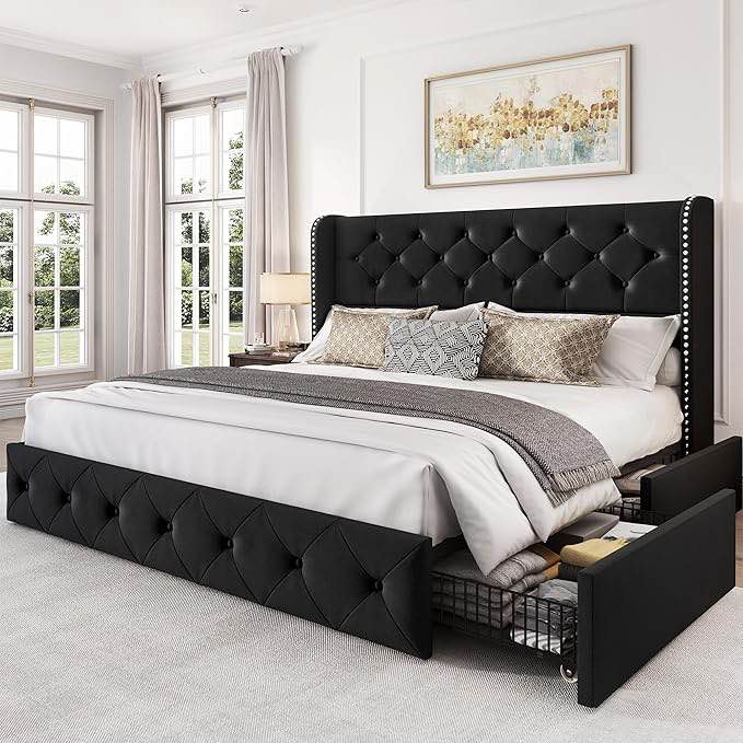 larmace queen size bed frame with 4 storage drawers and wingback headboard upholstered platform beds velvet tufted bed frame with wooden slats support, easy assembly, black- incomplete one box only 