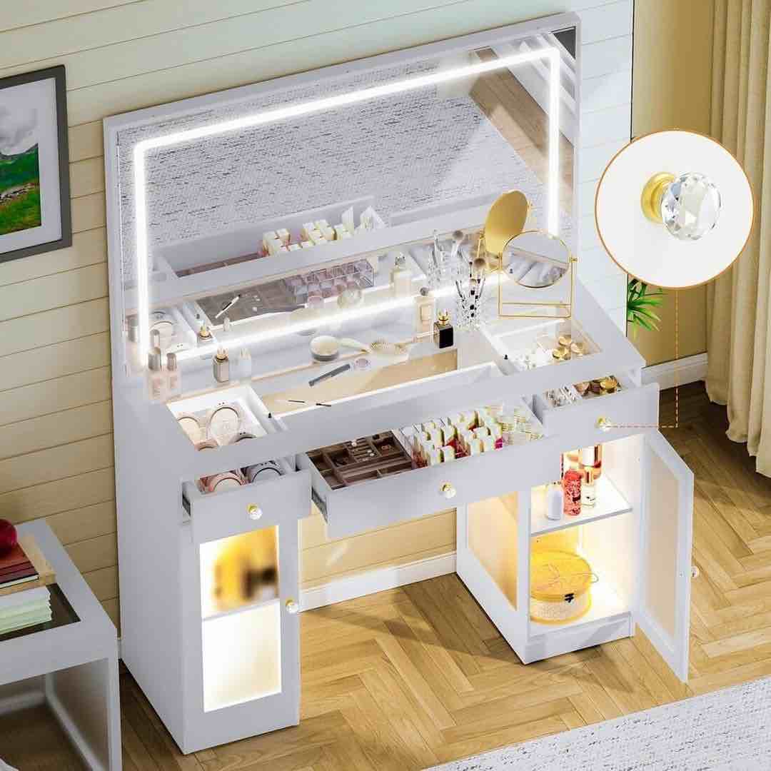 pamapic tempered glass top vanity desk with lighted mirror, 2 transparent cabinets & 3 drawers