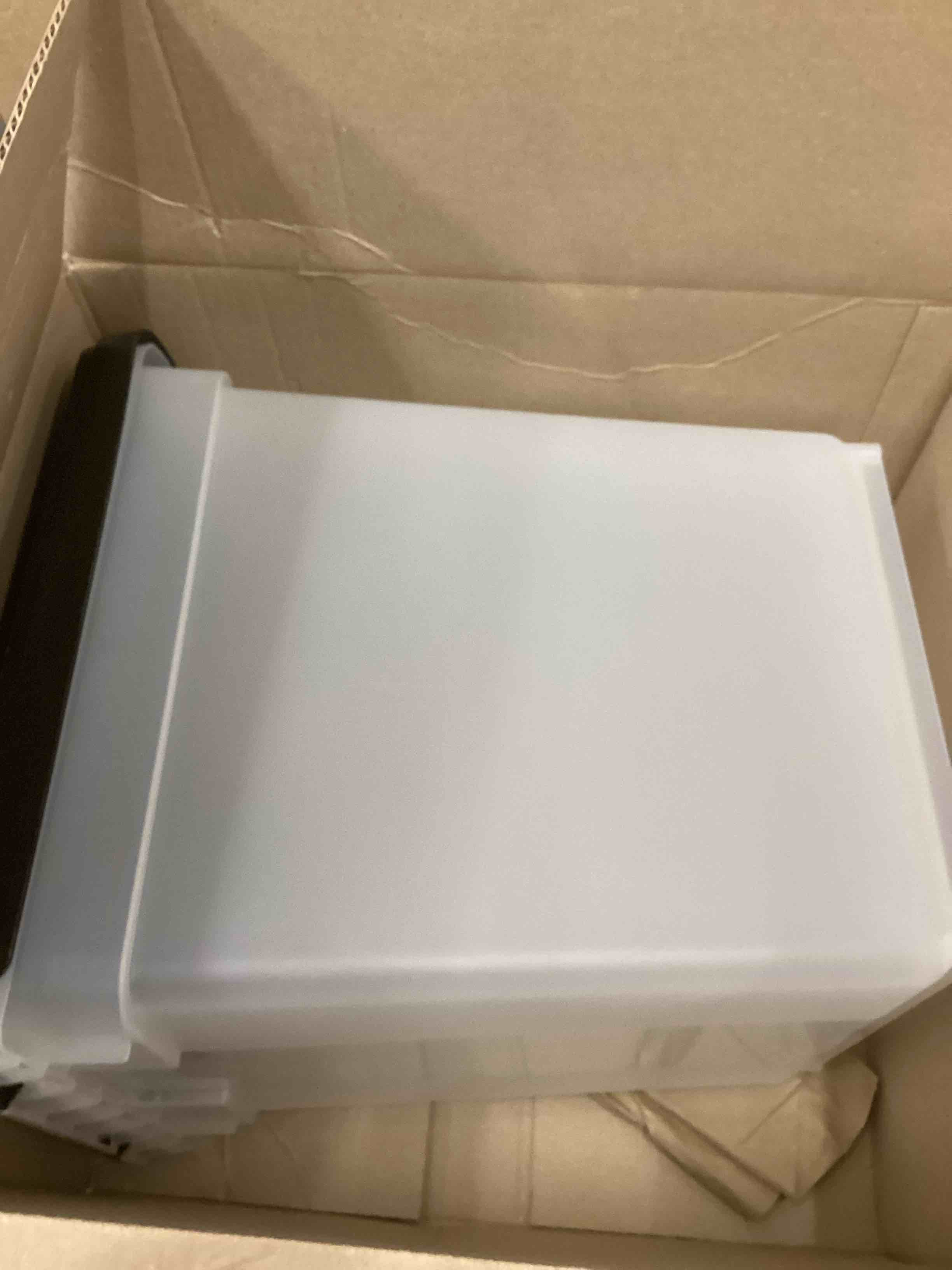 Condition photo showing As Is for IRIS USA Airtight Dog Food Storage Container, WeatherPro, Up to 25 lbs, Removable Wheels, for Dog Cat Bird and Other Pet Food Storage Bin, Keep Fresh, Translucent Body, Made in USA, Clear/Black 25 lbs Clear/Black