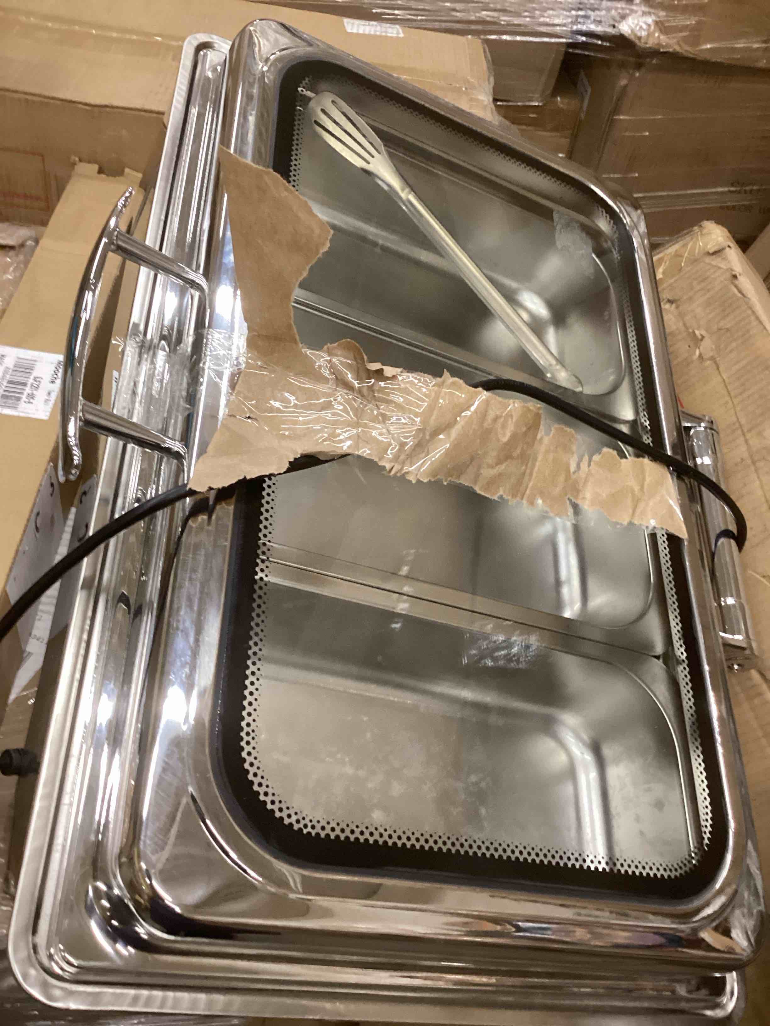 Condition photo showing As Is for Electric Chafing Dish Buffet Server Set, Stainless Steel Full Size & Half-Size &Three-Section Food Pan with Temp Control, Roll Top Stainless Steel Food Warmers for Catering Buffet (A-01)