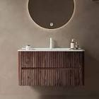 Veno 36" Bathroom Vanity With Undermount Sink, Modern Wall Mounted Floating Plywood Striped Bathroom Storage Cabinet With 2 Drawers, White Integrated Acrylic Rectangular Basin Without Faucet, Gray White Brown  Bathroom Modern,Scandinavian Plywood Acrylic Brown  (incomplete don’t include top sink ceramic) 