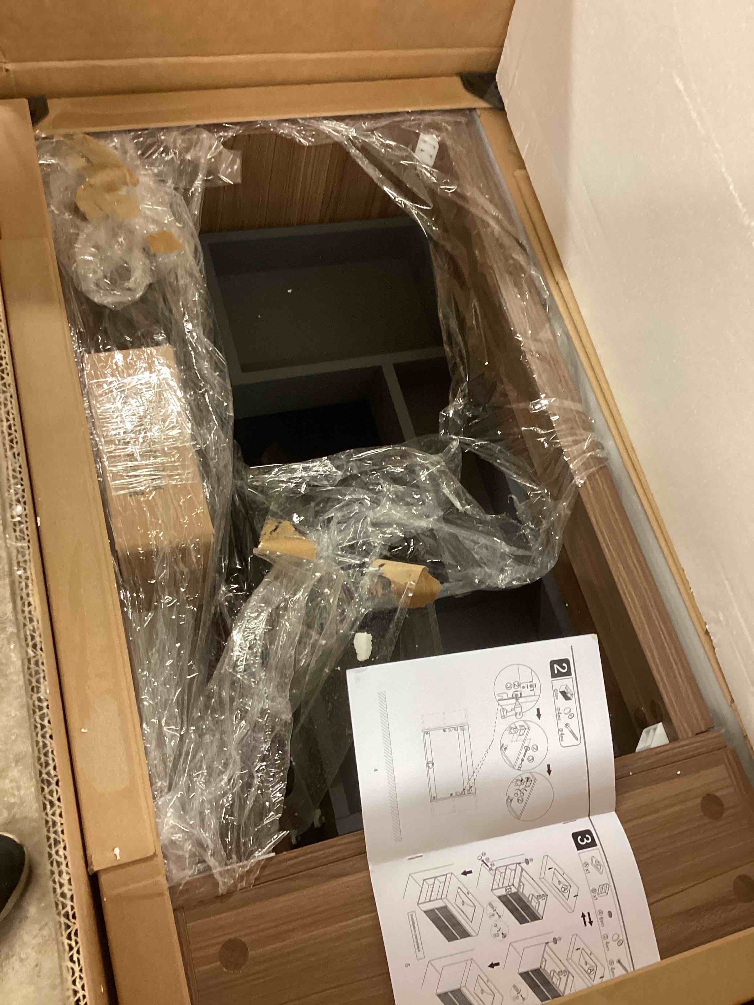 Condition photo showing Good Condition for Veno 36" Bathroom Vanity With Undermount Sink, Modern Wall Mounted Floating Plywood Striped Bathroom Storage Cabinet With 2 Drawers, White Integrated Acrylic Rectangular Basin Without Faucet, Gray White Brown  Bathroom Modern,Scandinavian Plywood Acrylic Brown  (incomplete don’t include top sink ceramic) 