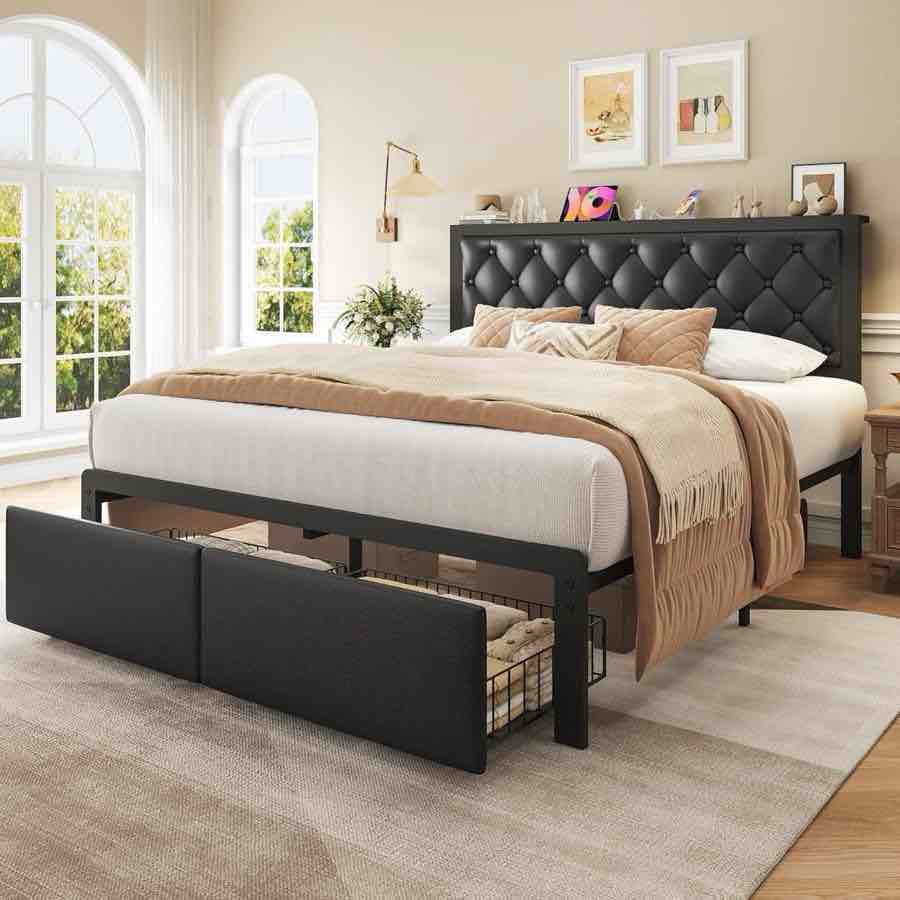  Queen Bed Frame with 2 Storage Drawers, Upholstered Headboard Button Tufted Bed Frame with Charging Station, No Box Spring Needed, Noise-Free, All Metal Structure,