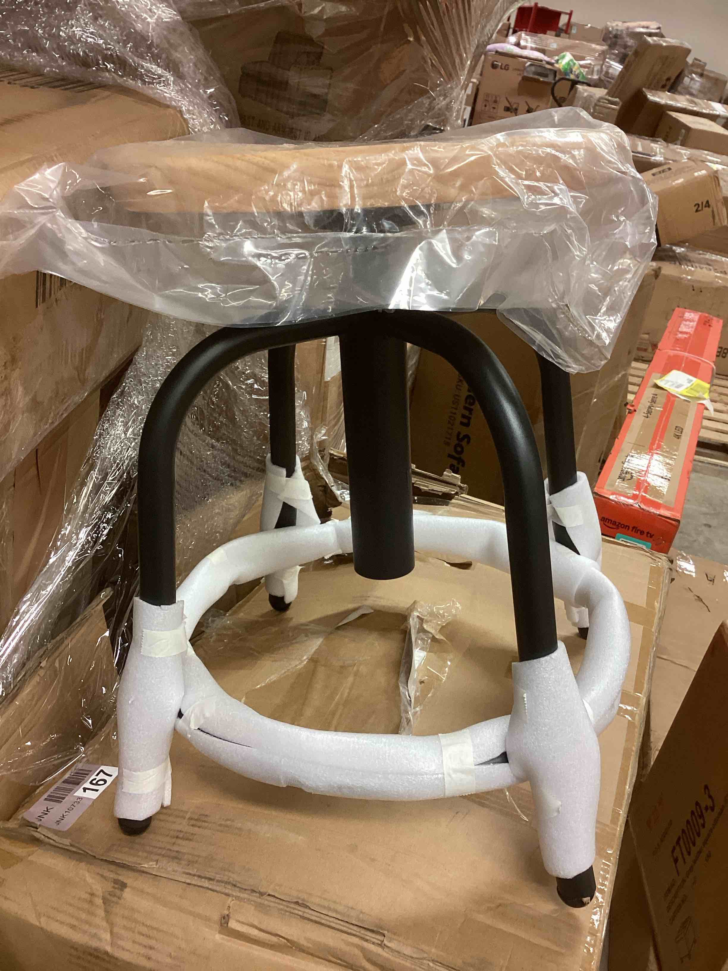 Condition photo showing New/Like New for Pemberly Row Adjustable Swivel Wood Bar Stool, 19-25" H, Steel and Pine, Black and Oak Finish, 360-Degree Swivel, Footrest, Heavy-Duty Curved Legs, Durable Seating for Institutional or Home Use