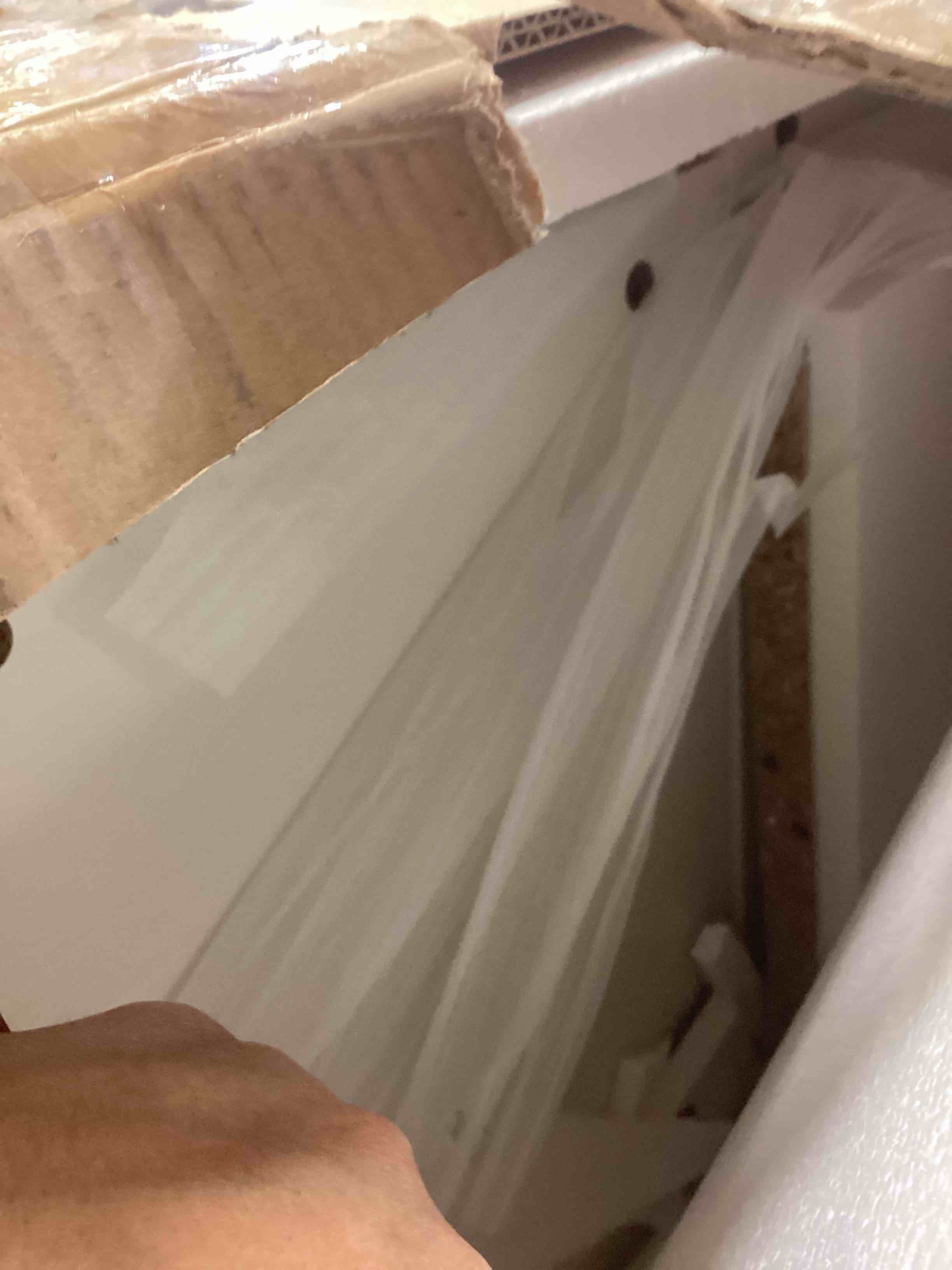 Condition photo showing As Is for Lift Top Coffee Table with Storage, 35.4" Wide Square White Coffee Table with Large Hidden Compartment, Mid Century Modern Fluted Center Table for Home Living Room, off white 