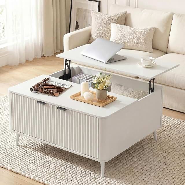 Lift Top Coffee Table with Storage, 35.4" Wide Square White Coffee Table with Large Hidden Compartment, Mid Century Modern Fluted Center Table for Home Living Room, off white 