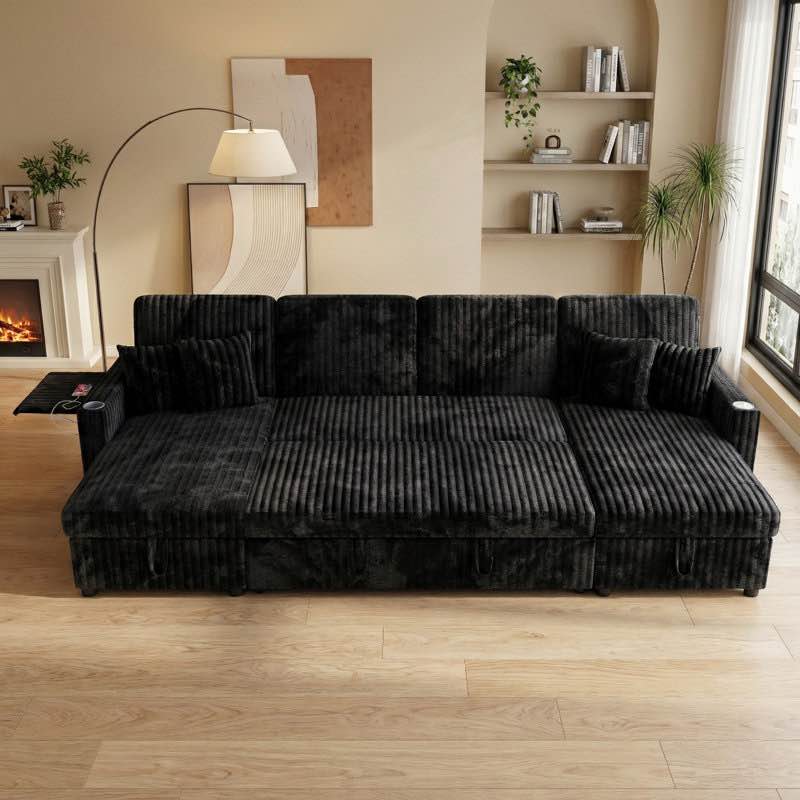 Oversized 110.6" U-Shaped Corduroy Sleeper Sectional Sofa with Pull-Out Bed and Storage Chaise ( incomplete one box only)