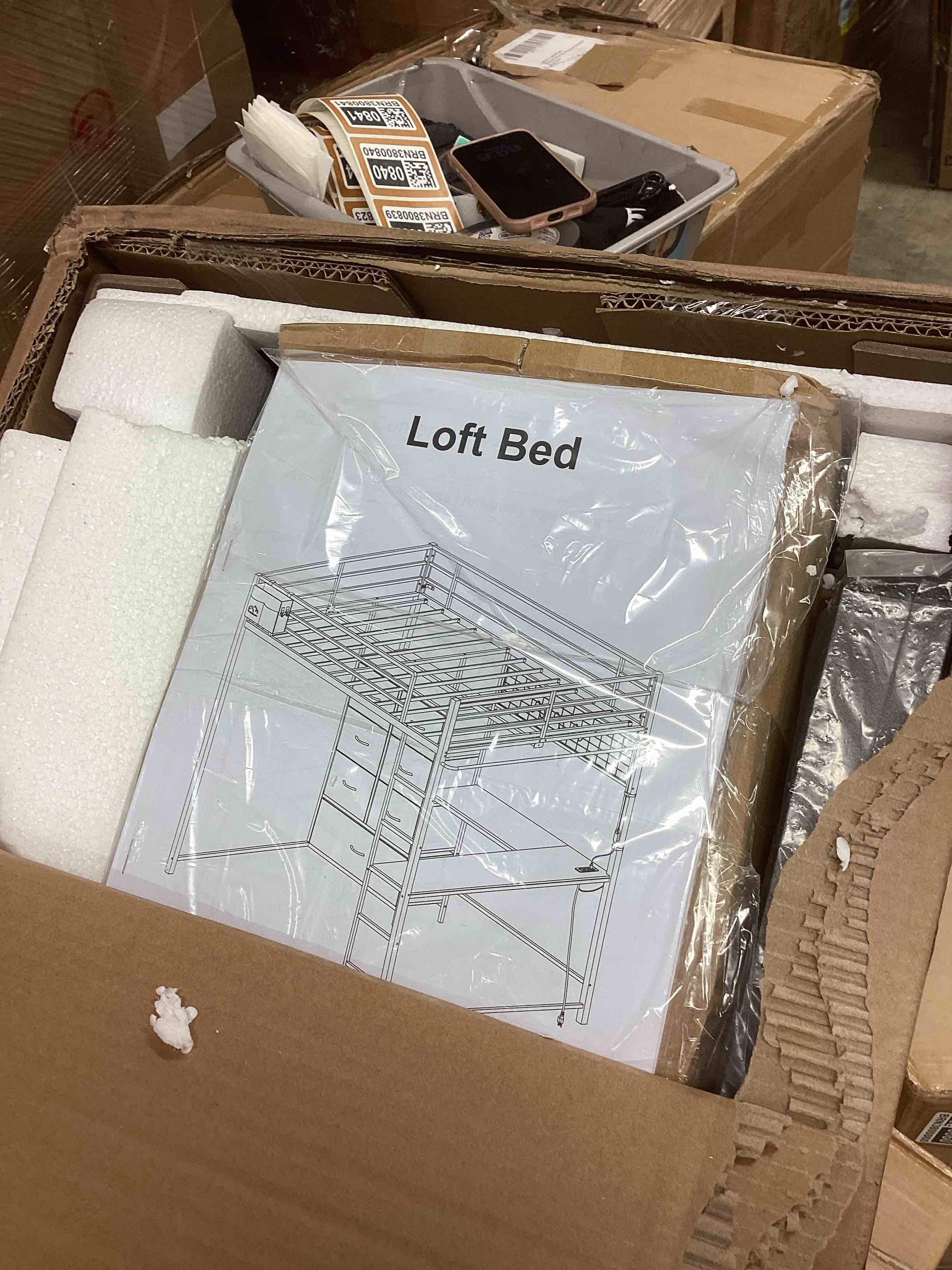 Condition photo showing New/Like New for loft bed with corner desk  ,black ( incomplete one box only)