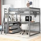 FULL SIZE LOFT BED WITH DESK AND SHELVES,TWO BUILT-IN DRAWERS GRAY (incomplete 1 box)