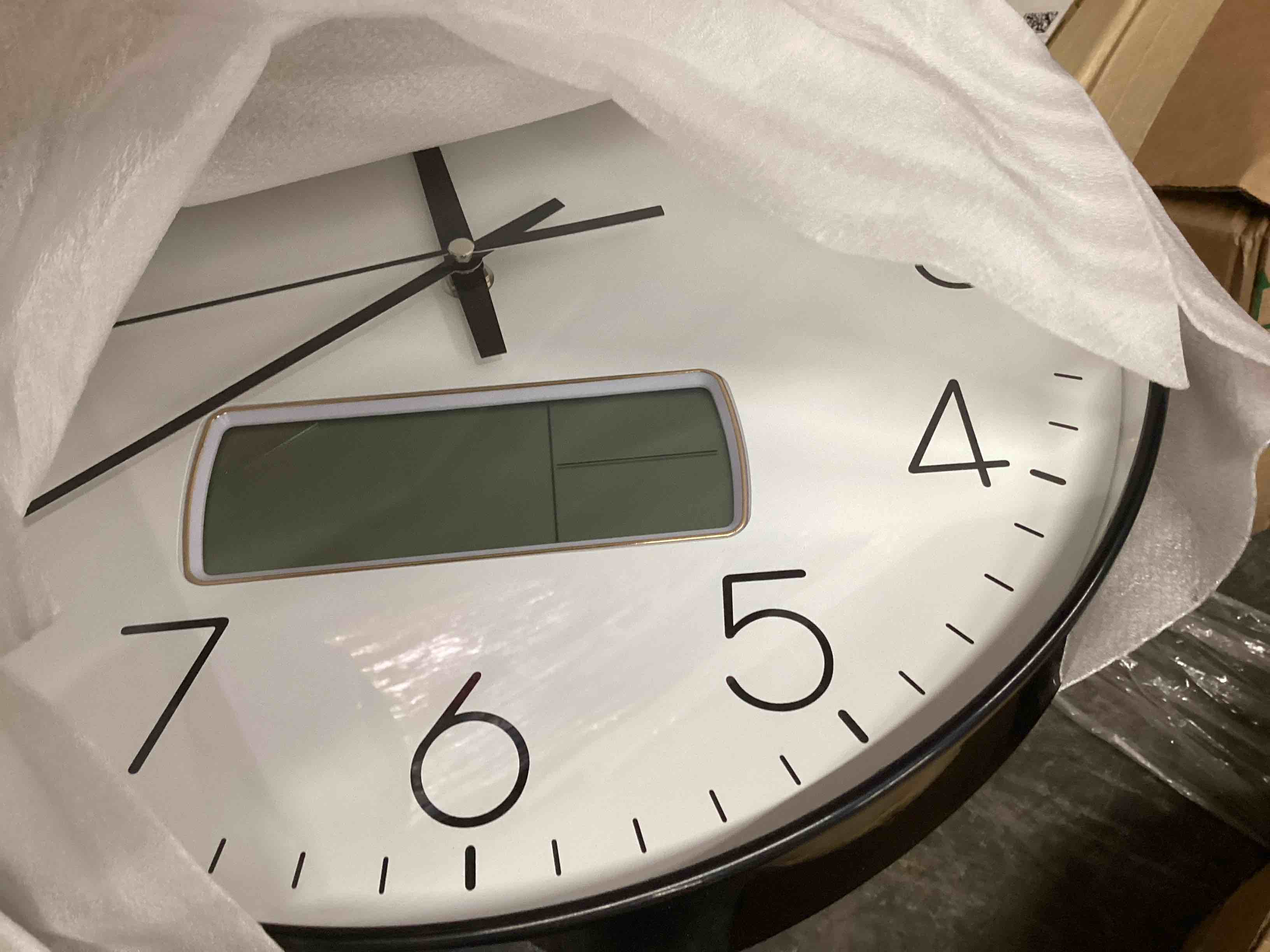 Condition photo showing Good Condition for Wall Clock, 14" Large Dial Non-Ticking Silent Battery Operated Analog with LCD Display for Perpetual Calendar and F° Temperature, Ideal Modern Home, Bedroom, Office Decor (Black)