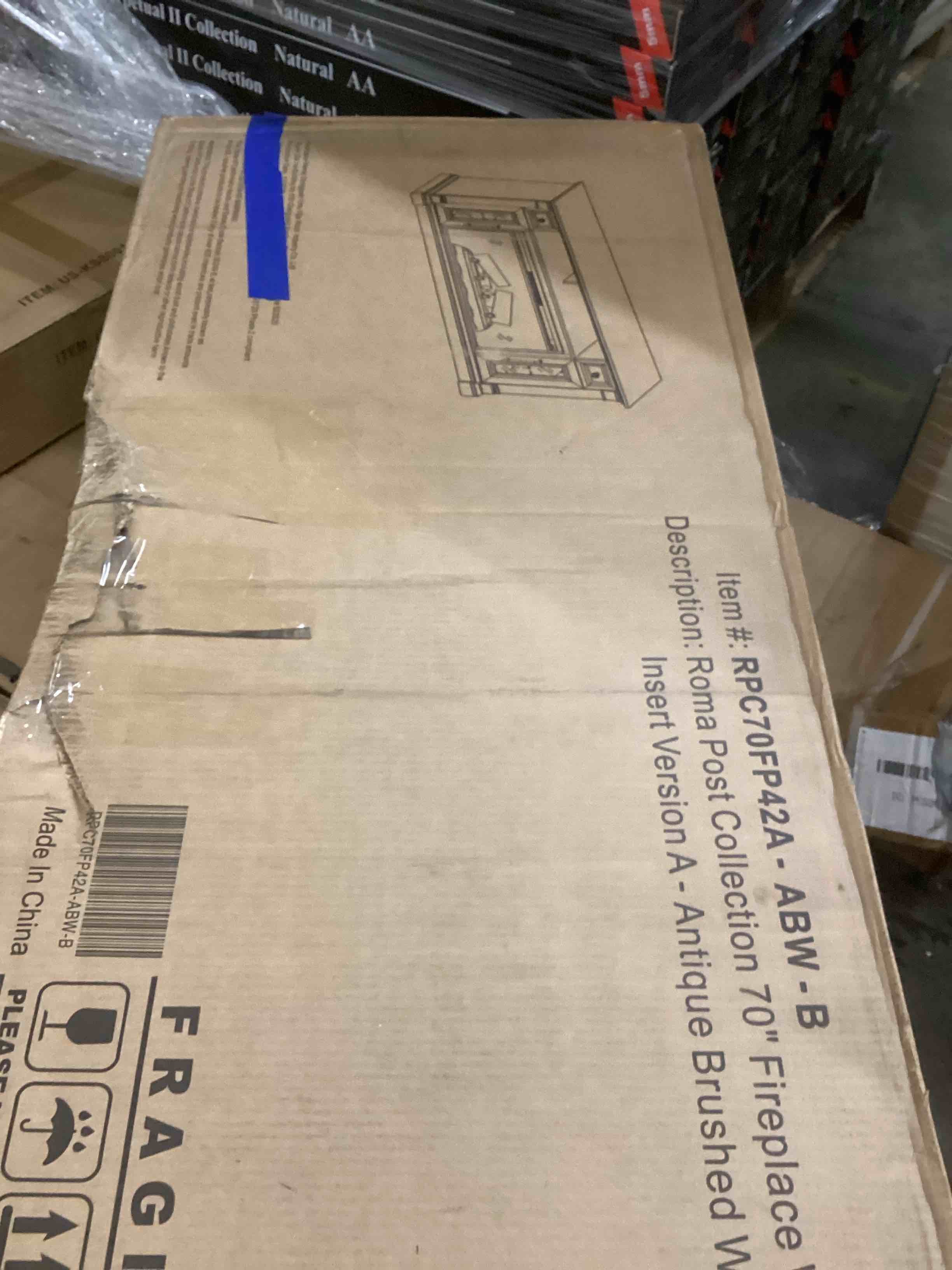 Condition photo showing New/Like New for OKD Fireplace TV Stand for 70 Inch TV - Farmhouse Entertainment Center with 42" Electric Fireplace & LED Lights, Wood Media Console with Storage Drawers & Cabinets for Living Room, Antique Brush White