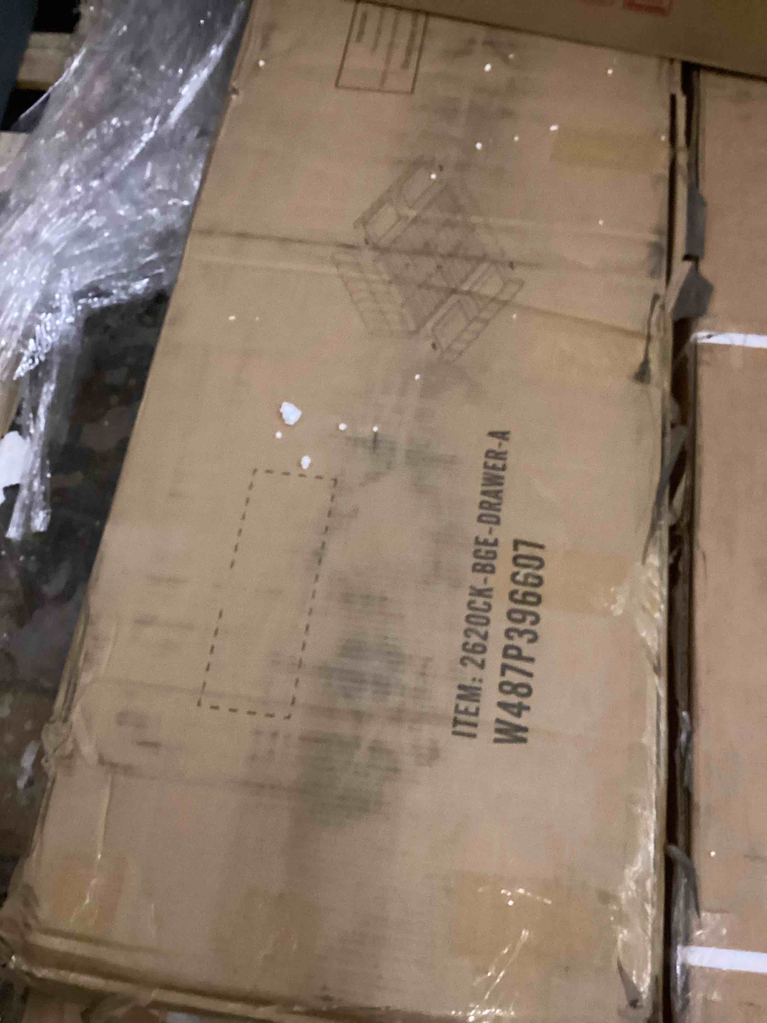 Condition photo showing Good Condition for California King Modern Upholstered Floor Bed Frame with 4 Storage Drawers, Chenille Fabric Grounded Platform Bed with Soft Upholstered Headboard, Beige (incomplete one box only)