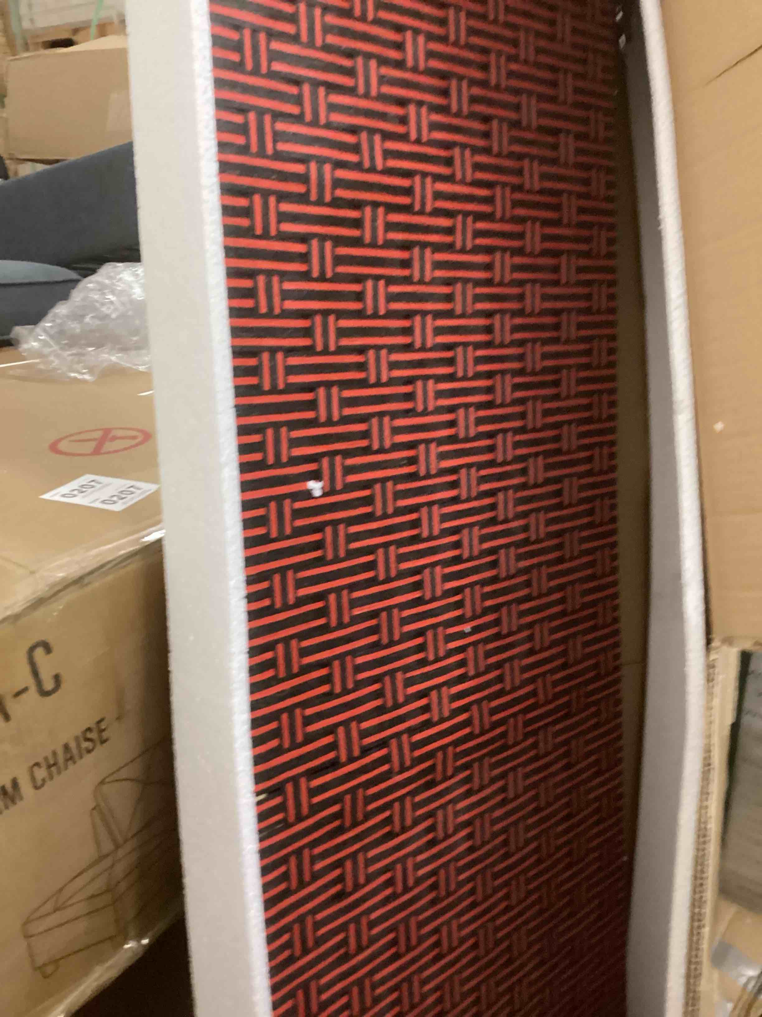Condition photo showing New/Like New for oriental furniture 6 ft. tall woven fiber room divider 3 panels red/black