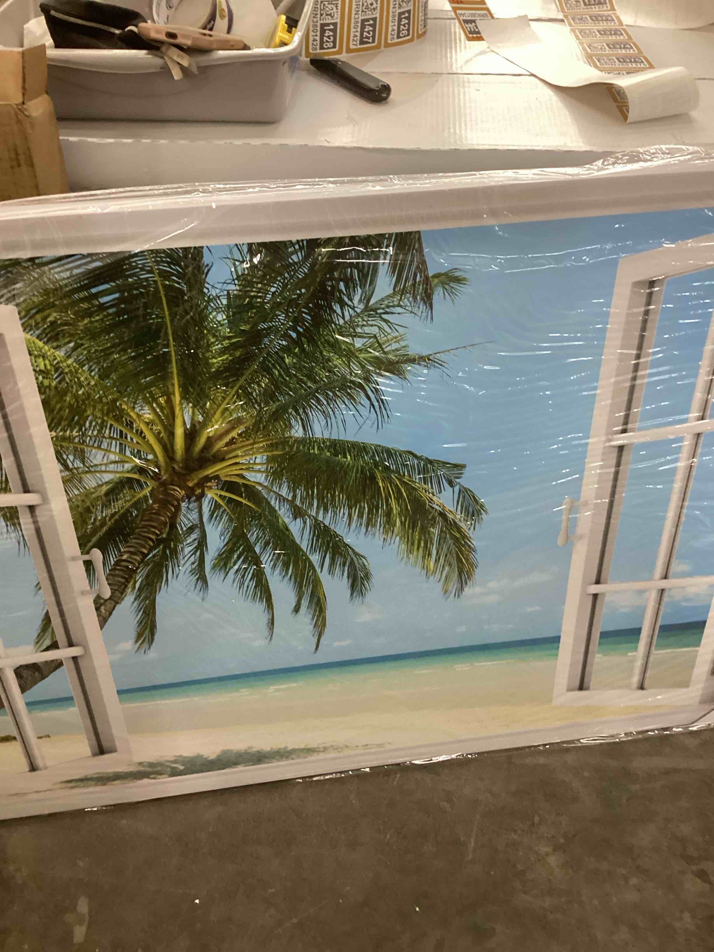 Condition photo showing New/Like New for wall26 Canvas Print Wall Art Window View Tropical Palm Tree Beach Island Paradise Wilderness Nature Photography Realism Scenic Landscape Colorful Multicolor for Living Room, Bedroom, Office - 32"x48"
