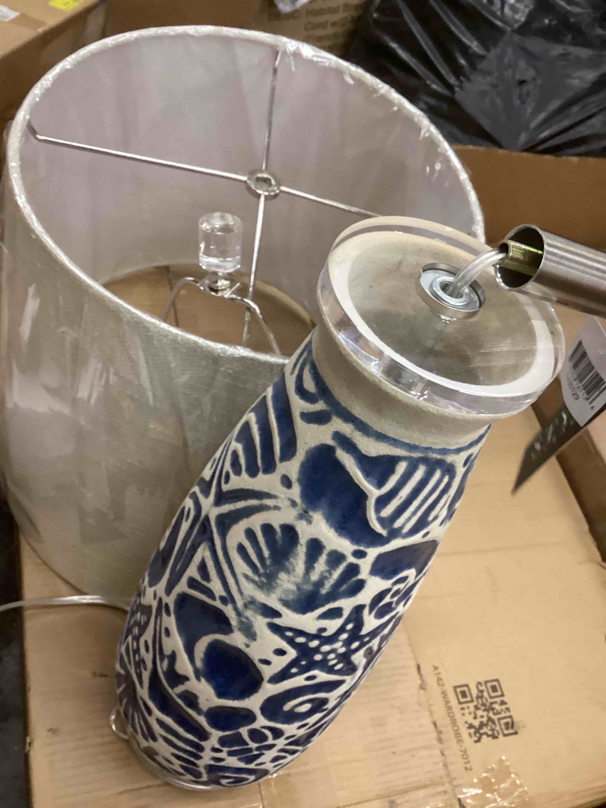 Condition photo showing New/Like New for MARIS BLUE TABLE LAMP | 31in ht. | Tropical Coastal Blue Shell Motif Ceramic Body Table Lamp 