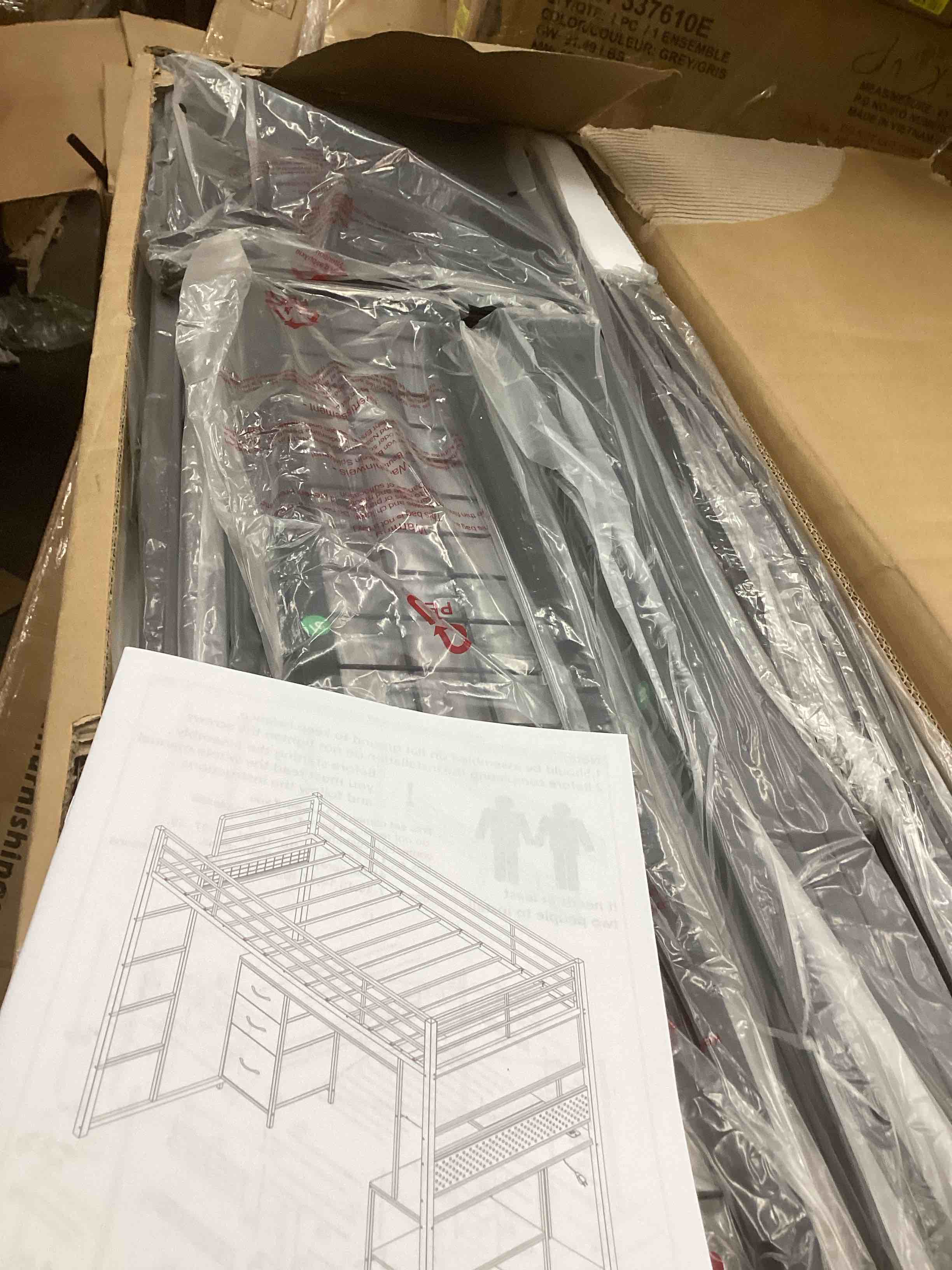 Condition photo showing New/Like New for ADORNEVE Twin Size Loft Bed with L-Shaped Gaming Desk, Storage Drawers & Hutch, Expanded Safety Power Outlet, Metal Loft Bed Frame with RGB Lights, Space Saving for Teens, Black (incomplete one box of two only)