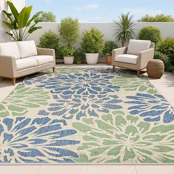 JONATHAN Y SMB110B-8 Zinnia Modern Floral Textured Weave Indoor Outdoor Area-Rug Bohemian Coastal Easy-Cleaning Bedroom Kitchen Backyard Patio Non Shedding, 8 X 10, Navy/Green
