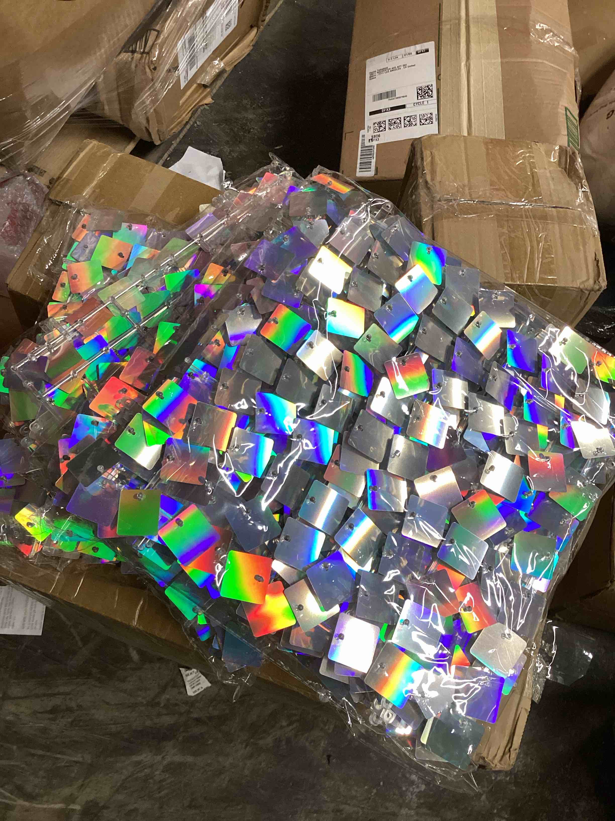 Condition photo showing Good Condition for 24 Pcs Iridescent Silver Shimmer Wall Backdrop, Square Sequin Backdrop Panels for Birthday Gala Graduation Party Anniversary Decoration - 6x4 FT